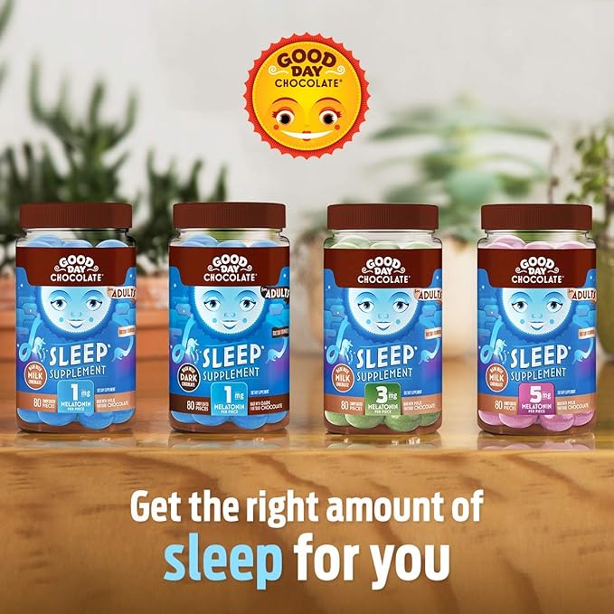 Good Day Chocolate Melatonin for Adults [ 80 Count ] - Fair Trade Non-GMO Chocolate with Chamomile and Melatonin 3 mg - Adult Melatonin Adult Natural Sleep Aid Supplement