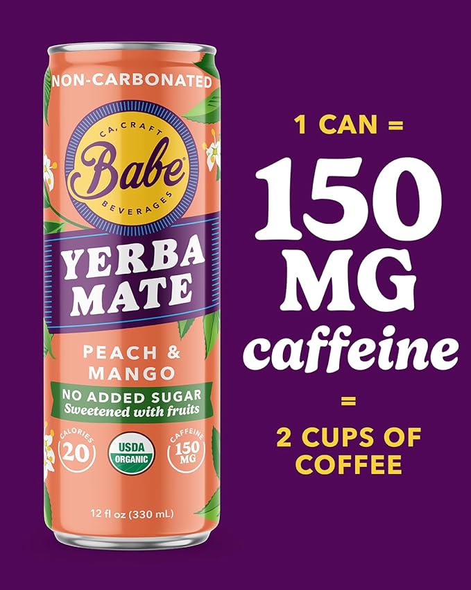 Babe Organic Yerba Mate Energy Drinks | NO SUGAR ADDED with 150mg Plant-Based Caffeine | Natural Yerba Mate Tea with No Crash No Jitters - Peach Mango &amp Passion Dragon (12 x 12oz Cans)