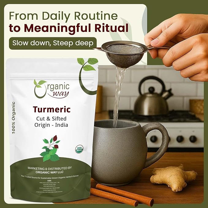 Organic Way Turmeric/Haldi Root Cut &amp Sifted (Curcuma Longa) - Herbal Tea | Kosher &amp USDA Certified | Vegan Non-GMO &amp Gluten Free | 100% Raw from India (2LBS / 32Oz.)