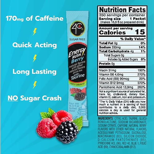 4C Powder Energy Rush Stix Energy Rush - Berry 350 Count Bulk Buy Singles Stix On the Go Refreshing Water Flavorings Value Pack