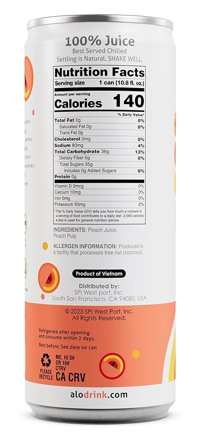 ALO Slim Can Juice Peach with Real Fruit Pulp| 10.82 fl oz Pack of 12 | Plant-Based Beverage 100% Natural Juice