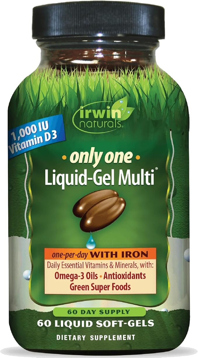 Irwin Naturals Only One Liquid-Gel Multi with Iron - 60 Liquid Softgels - Daily Essential Vitamins Minerals Antioxidants Omega-3s &amp Green Super Foods