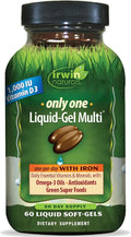 Irwin Naturals Only One Liquid-Gel Multi with Iron - 60 Liquid Softgels - Daily Essential Vitamins Minerals Antioxidants Omega-3s &amp Green Super Foods