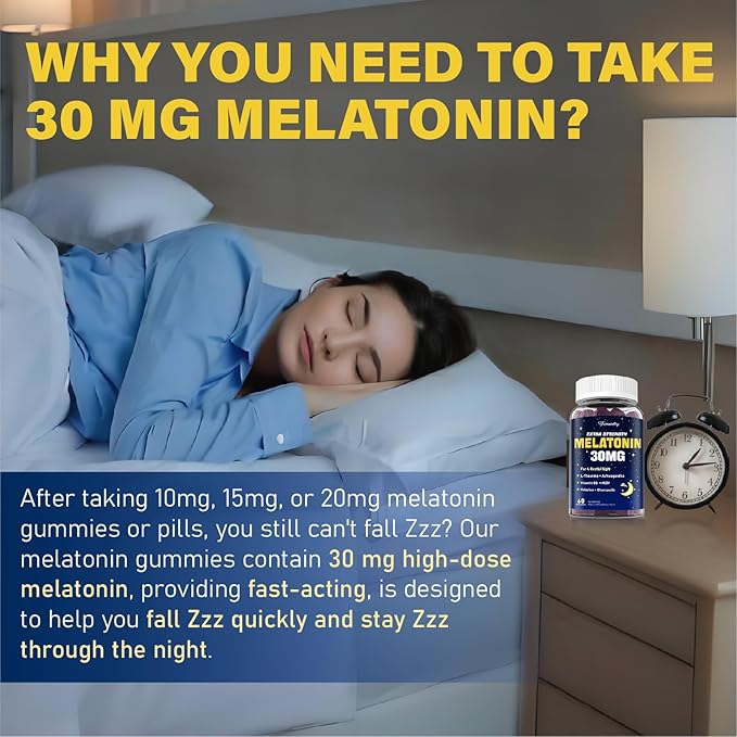 Melatonin Gummies 30mg for Adults: Maximum Strength Melatonin Supplement with L-Theanine Ashwagandha MSM Vitamin D3 &amp Zinc - Non-Habit Forming Natural Mixed Berry Flavor 60 Count (Pack of 1)