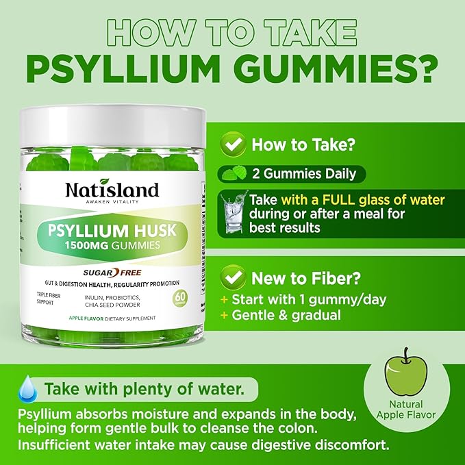 Psyllium Husk Gummies 1500mg Psyllium Husk Fiber Supplement with Probiotics Inulin Chia Seed Powder for Gut &amp Digestive Health Regularity Vegan Sugar Free 60 Chewable