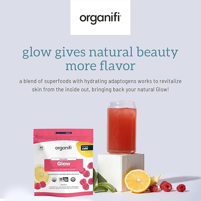 Organifi Glow - Vegan Collagen Powder for Women - Organic Flavored Water Ingredient 30 Servings