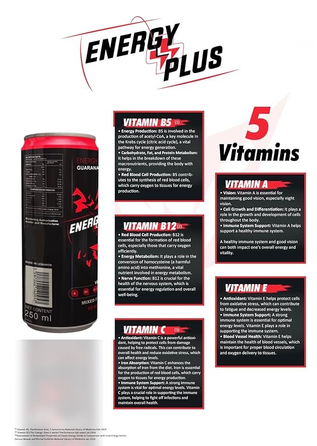 Energy Plus Guarana Energy Drink 80mg Caffeine Low Calorie ABCE Vitamins Minerals &amp Amino Acids (250ml) 8.4oz Pack of 24