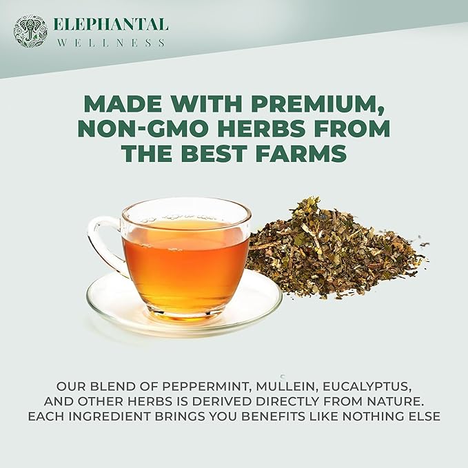 Elephantal Wellness Premium Respiratory Herbal Tea | Lung Detox Mucus Cleanse &amp Breathing Support with Mullein Eucalyptus Thyme &amp Lungwort | Handmade Caffeine-Free Non-GMO Loose Leaf Blen
