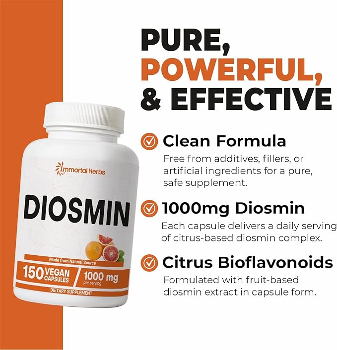 Pure Diosmin 1000mg Complex Formula 150 Capsules Citrus Bioflavonoids Rich Fruit Extract 100% Vegetarian Non-GMO &amp Gluten Free Diosmin Supplement