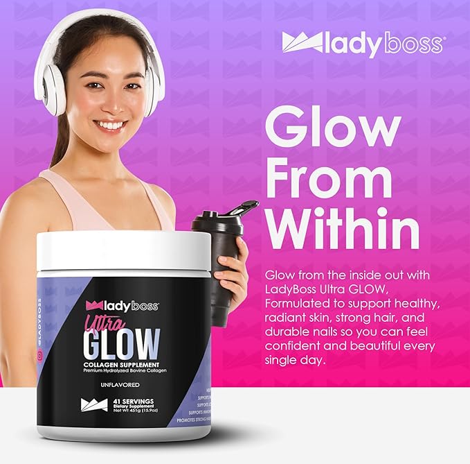 LadyBoss - Ultra Glow Collagen Supplement - Premium Hydrolyzed Bovine Collagen - Unflavored - 41 Servings