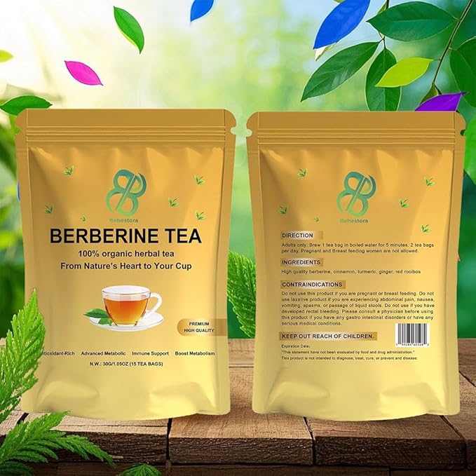 Behestora Berberine Tea is a caffeine-free - Herbal Detox Tea crafted with a blend berberine - cinnamon - turmeric - ginger - red rooibos - 15 Bags