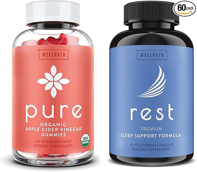 WellPath Pure ACV Apple Cider Vinegar Gummies with The Mother and Rest Valerian Root Sleep Aid for Adults with Melatonin &amp L-Theanine - Natural Sleep Support 60 Ct Each