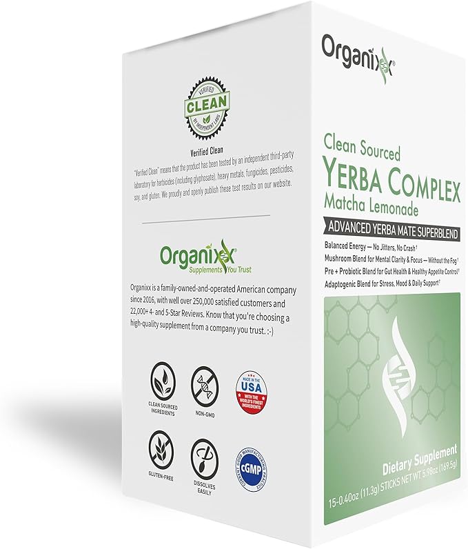 Organixx Clean Sourced Yerba Complex Yerba Mate Superblend Powder Drink Mix with Ashwagandha Natural Caffeine Pre &amp Probiotics &amp Fiber Dairy and Gluten Free Matcha Lemonade 15 Travel Pa