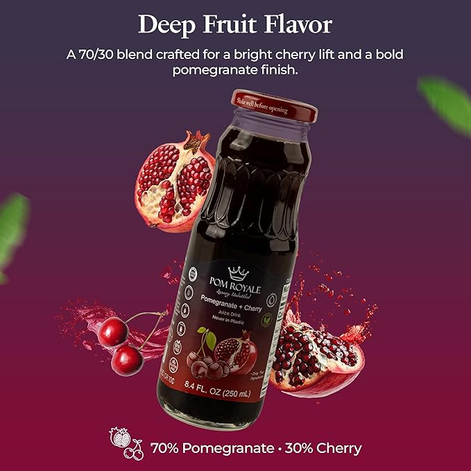 Pure Pomegranate &amp Cherry Juice 8.4oz Glass Bottle (Pack of 12) Cold Pressed Juice Not from Concentrate Non-GMO No Sugar Added Gluten Free Kosher Certified Preservative Free