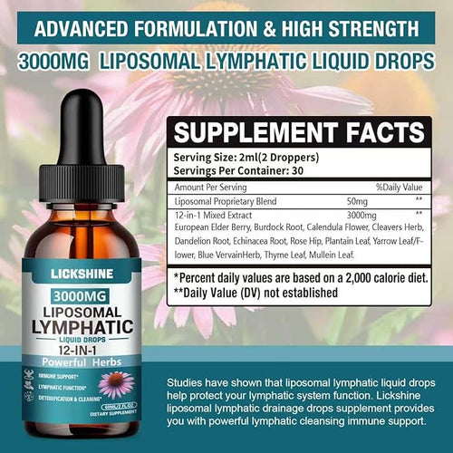 2 Packs 3000MG Liposomal Lymphatic Drainage Drops 12 in 1 Organic Lymphatic Drainage Supplements with ElderBerry Burdock Root Cleavers Herb &amp Echinacea Lymphatic Cleanse Immune Support 4 Fl o