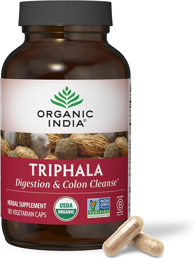 ORGANIC INDIA Triphala Capsules Organic - Herbal Supplement with Amla Bibhitaki Haritaki Digestion &amp Colon Support Immune System Support Adaptogen Vegan USDA Certified Organic - 180 Capsule