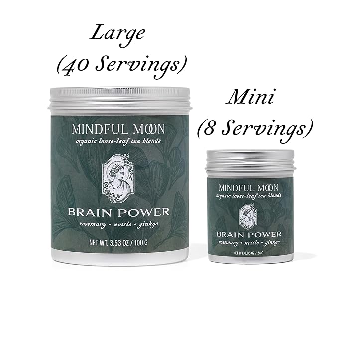 Brain Power Herbal Tea by Mindful Moon – Focus &amp Memory Support Blend with Ginkgo Nettle &amp Rosemary – Caffeine-Free Loose Leaf (Large)