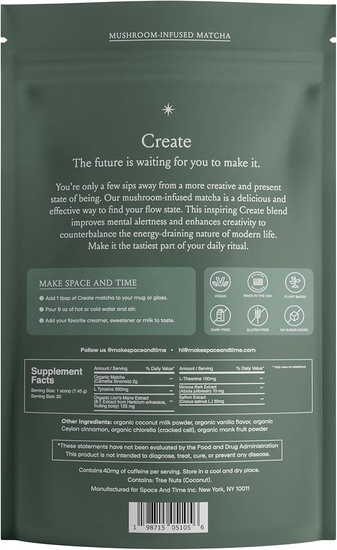 SPACE AND TIME Create - Mushroom Matcha Tea - 20 Cups of Creativity Energy &amp Enhanced Mood - Organic Matcha Powder with Lions Mane L-Theanine &amp Saffron