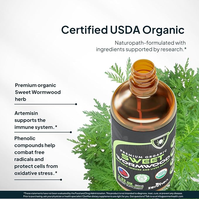 Zenmen Organic Sweet Wormwood (Artemisia Annua) Extract- Immune Support and Source of Antioxidants - 2.32 fl oz / 60ml Vegan Manufactured in The USA