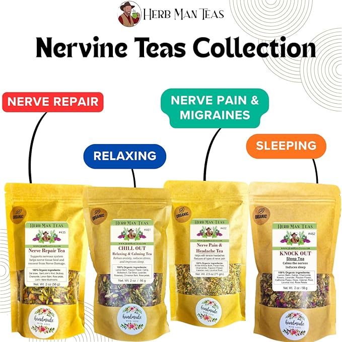 NERVE REPAIR TEA with Lions Mane Mushrooms for tremors &amp nerve damage formulated by master herbalist Khabir – 100% Organic Non-GMO no additives