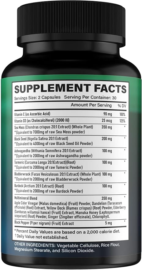 Organic Sea Moss Capsules - Organic Irish Sea Moss Black Seed Oil Ashwagandha Ginger Burdock Root Bladderwrack Turmeric Black Pepper Vitamin C D3-60 Veggie Capsules for Men &amp Women