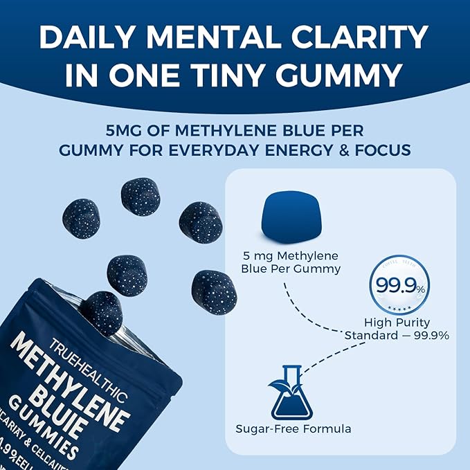 Methylene Blue Gummies for Cognitive Support &amp Mental Focus Clean 5mg of Methylene Blue Per Gummy 99.9% Pure Vegan Non-GMO 30 Gummies