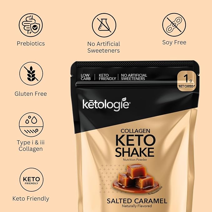 Keto Collagen Shake (Salted Caramel) - with Coconut Oil Prebiotics Grass Fed Hydrolyzed Collagen Peptides Type I &amp III Low Carb Gluten Free1.78lbs. (810g)