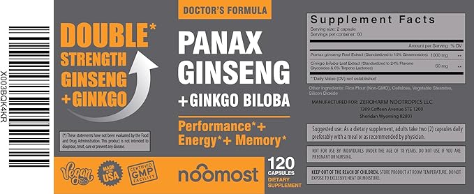 NooMost Authentic Korean Red Panax Ginseng + Ginkgo Biloba 120 Vegan Capsules Ginseng Root Extract Powder 1000mg (10% Ginsenosides) + Gingko Biloba 60mg Energy and Focus Pills for Men and Women