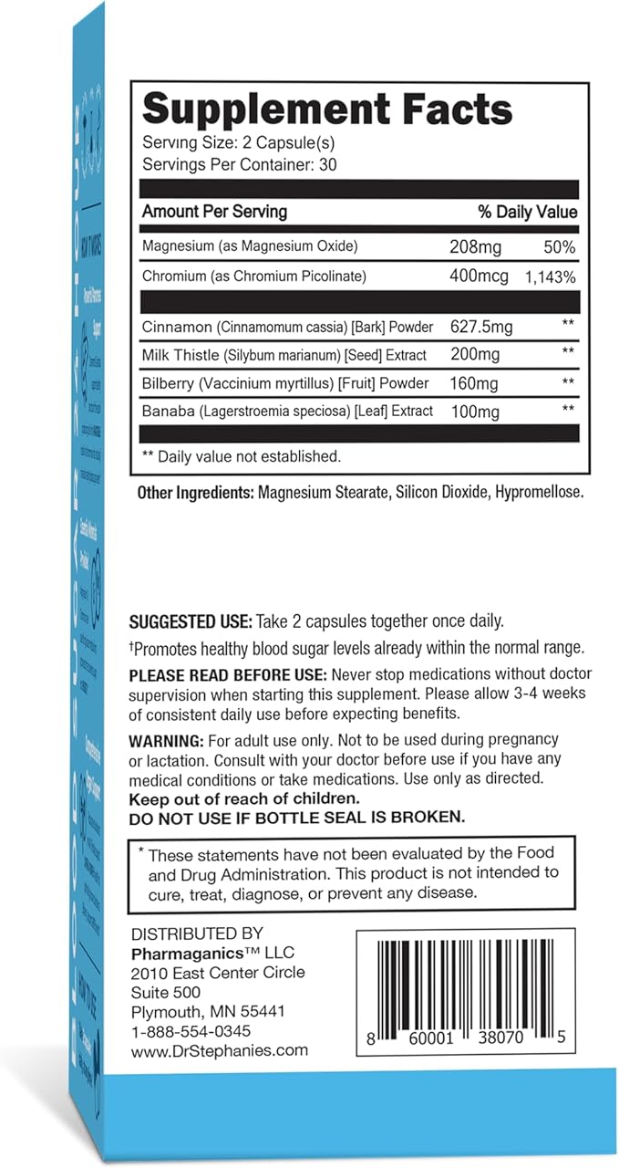 Blood Sugar 24 Hour - 6 in 1 Formula with Cinnamon Banaba Chromium Milk Thistle &amp More - Once Daily Supplement