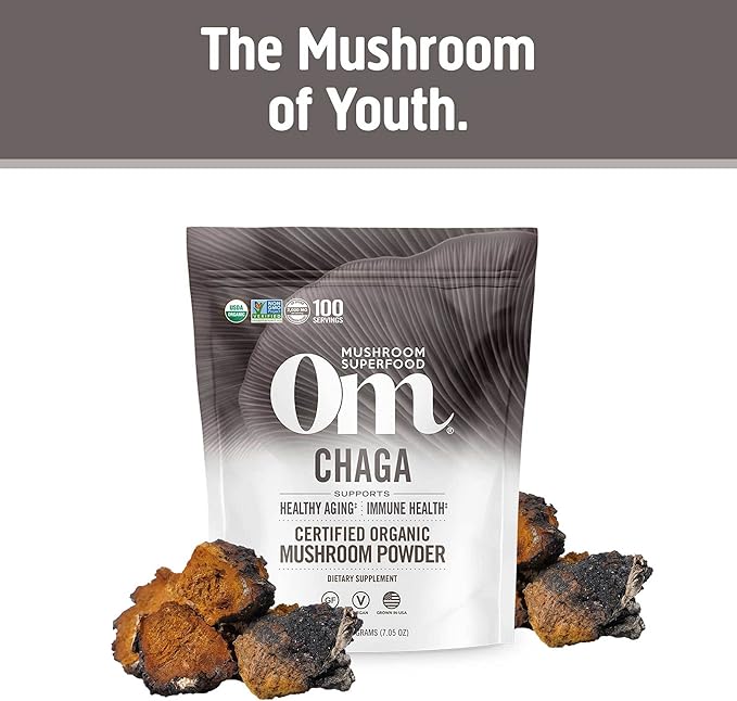 OM MUSHROOM SUPERFOOD Chaga Organic Mushroom Powder 7.05 Ounce Pouch 100 Servings US Grown Sacred Antioxidants &amp Immune Support Superfood Mushroom Supplement