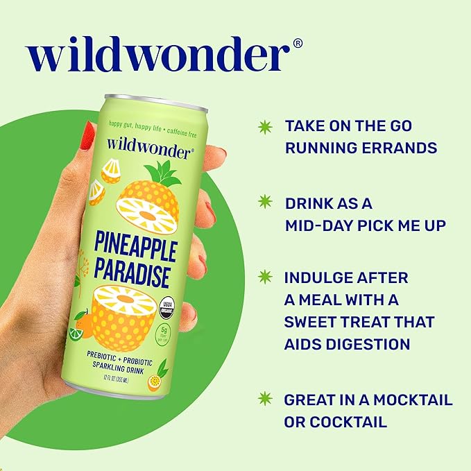 wildwonder Sparkling Probiotic Drink 12pk For Gut Health &amp Immune Support Pineapple Paradise 5g Prebiotic Fiber Live Probiotics Organic Vegan Low Sugar 12 Pack 12oz Can As Seen on Shark