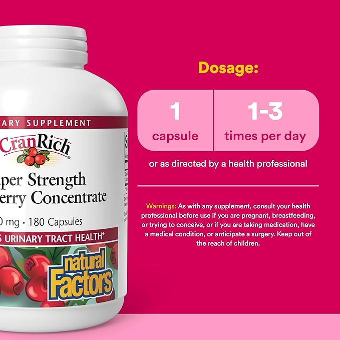 Natural Factors CranRich Super Strength Cranberry Concentrate - Antioxidant Support Supplement with Cranberry Concentrate - Aids Urinary Tract &amp Bladder Health - 180 Capsules (180 Servings)
