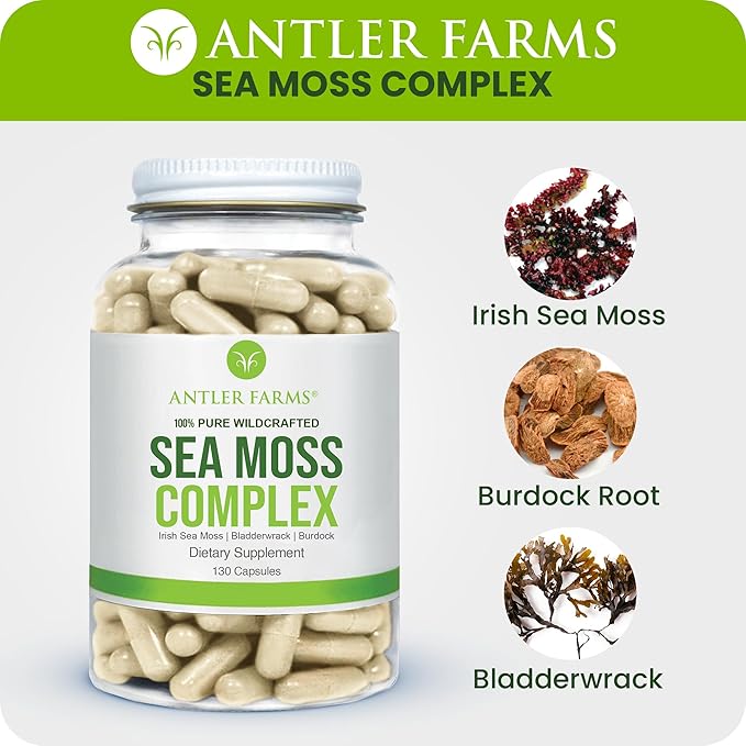 Antler Farms – 100% Pure Sea Moss Complex 130 Capsules Wildcrafted Irish Sea Moss Bladderwrack and Burdock Root – A Potent Blend for Wellness Vegan-Friendly Gluten Soy and Dairy Free
