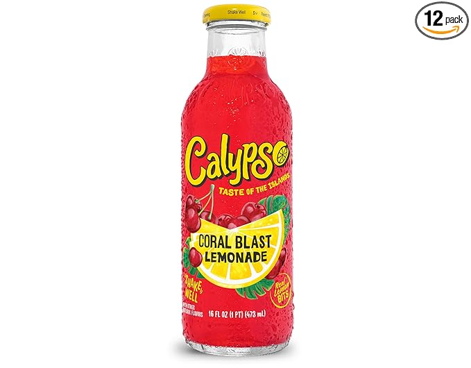 Calypso Lemonade Coral Blast Lemonade Made with Real Fruit 16 Fl Oz Glass Bottles (Pack of 12)