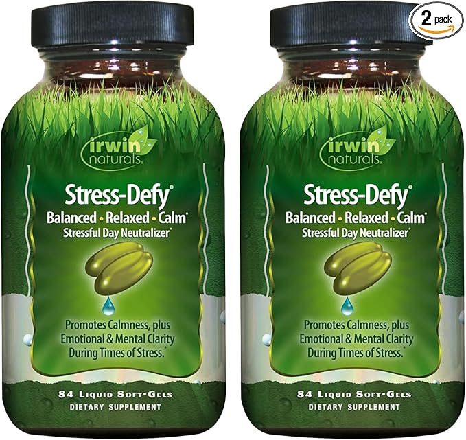 Irwin Naturals Stress-Defy Mood Support – 84 Liquid Soft-Gels – Calm Balance &amp Emotional Wellness - 2 Pack