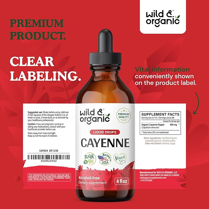 Wild &amp Organic Cayenne Pepper Tincture - Digestive Support with Capsaicin Extract - Cayenne Pepper Liquid Drops for Overall Well-Being - Vegan Sugar &amp Alcohol-Free - 4 fl oz