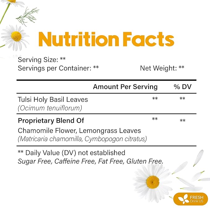 FreshDrinkUS Premium 135 Tea Bags Tulsi Chamomile Lemongrass Herbal Tea | Blend with Holy Basil Chamomile Flowers &amp Lemongrass Leaves – Naturally Caffeine-Free Soothing Herbal Infusion. Vegan
