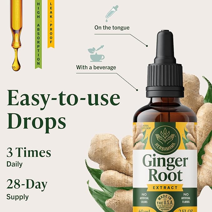 HERBAMAMA Ginger Drops - Vegan Digestive Support &amp Overall Well-Being with Ginger Root Extract Tincture - Non-GMO Alcohol &amp Sugar-Free Liquid Antioxidant Supplement 28-Day Supply