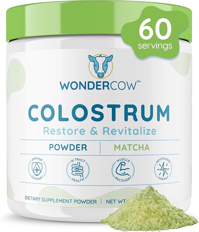 WONDERCOW Colostrum Supplement Powder for Gut Health Immune Support &amp Wellness | Natural IgG Pure Whole Bovine Colostrum Superfood Matcha 60 Servings