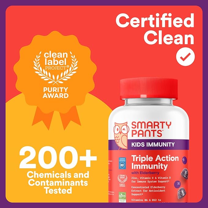 SmartyPants Kids Immunity Elderberry Gummies: Kids Immune Support Supplement Vitamin C Vitamin D Vitamins B6 &amp B12 and Zinc Gluten Free Elderberry Flavor 60 Count (30 Day Supply) (Pack of 2)