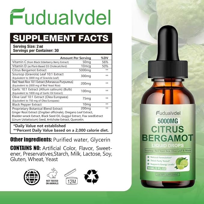 2 Packs 5000mg Citrus Bergamot Liquid DropsReduce Triglycerides Bergamot Supplement for High Cholesterol Immune Support for Anti AgingAntioxidantLime BitterNatural Olive Leaf Extract4 Fl Oz