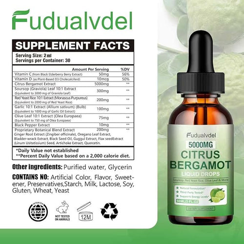 2 Packs 5000mg Citrus Bergamot Liquid DropsReduce Triglycerides Bergamot Supplement for High Cholesterol Immune Support for Anti AgingAntioxidantLime BitterNatural Olive Leaf Extract4 Fl Oz