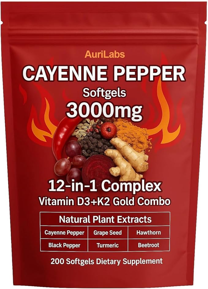 AuriLabs Cayenne Pepper Softgels Supplement Supports Leg Vein Heart and Blood Vessel Health with Vitamin E D3+K2 and Extracts of Grape Seed Hawthorn Beetroot and Others (1)