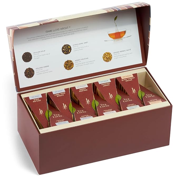 Tea Forte Premium Presentation Box Gift Set Sampler 20 Count Assorted Blends Individually Wrapped Handcrafted Pyramid Infuser Bags Frank Lloyd Wright