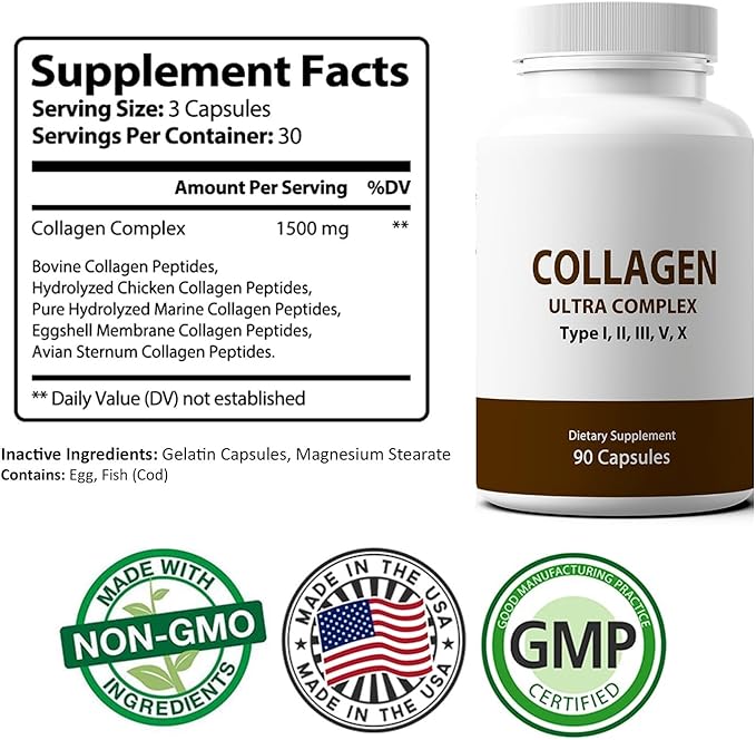 Ultra Premium Multi Collagen Capsules for Men &amp Women Pure Hydrolyzed Collagen Peptides Vitamin Supplement for Hair Skin Nails and Joint Support (Types I II III V X) 90 Capsules