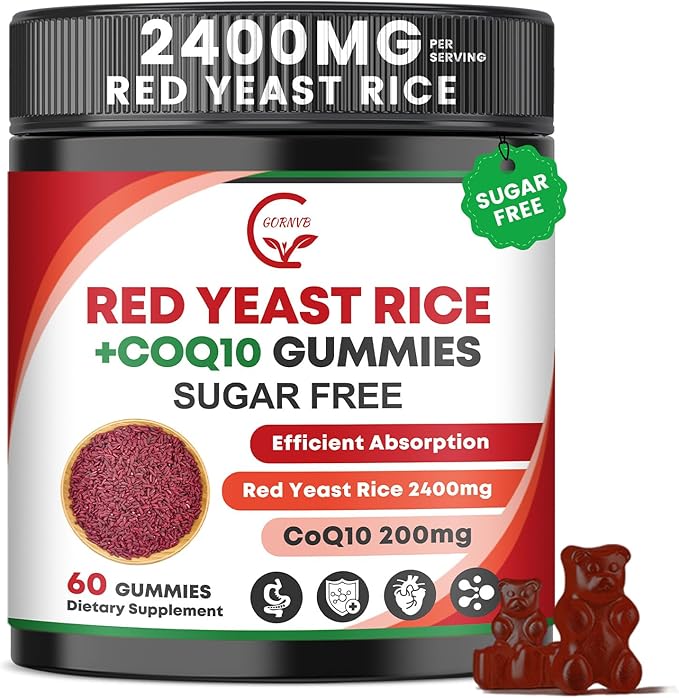 Red Yeast Rice with Coq10 Gummies Red Yeast Rice 2400 mg with CoQ10 200 mg for Cholesterol Lowering Supplements Sugar Free Non-GMO Vegan Heart Health Support – 60 Counts