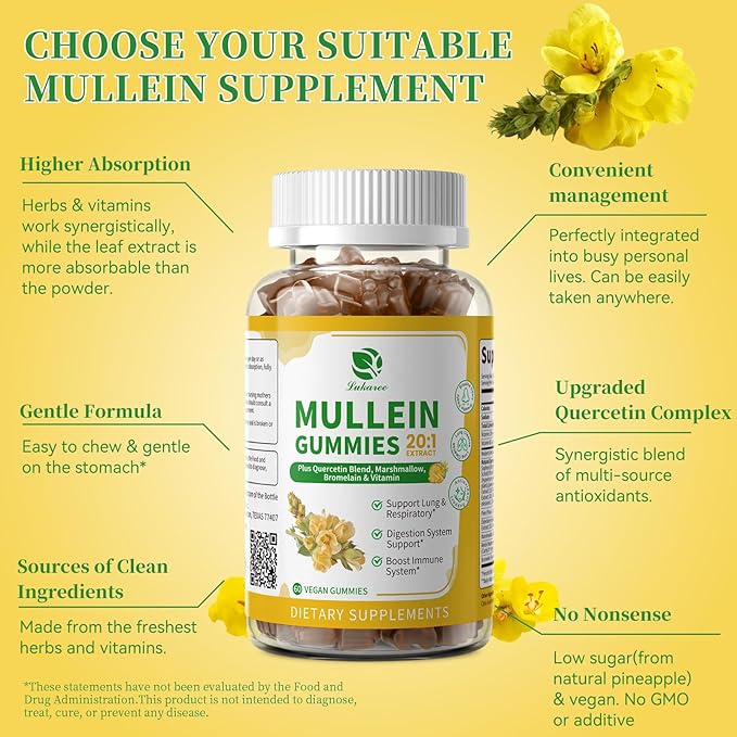 (2 Pack) 9 in 1 Mullein Gummies for Lung Cleanse &amp Lymphatic Drainage* Extra Strength Mullein Leaf Extract w/Quercetin Bromelain Elderberry &amp Marshmallow for Respiratory &amp ImmunityVega
