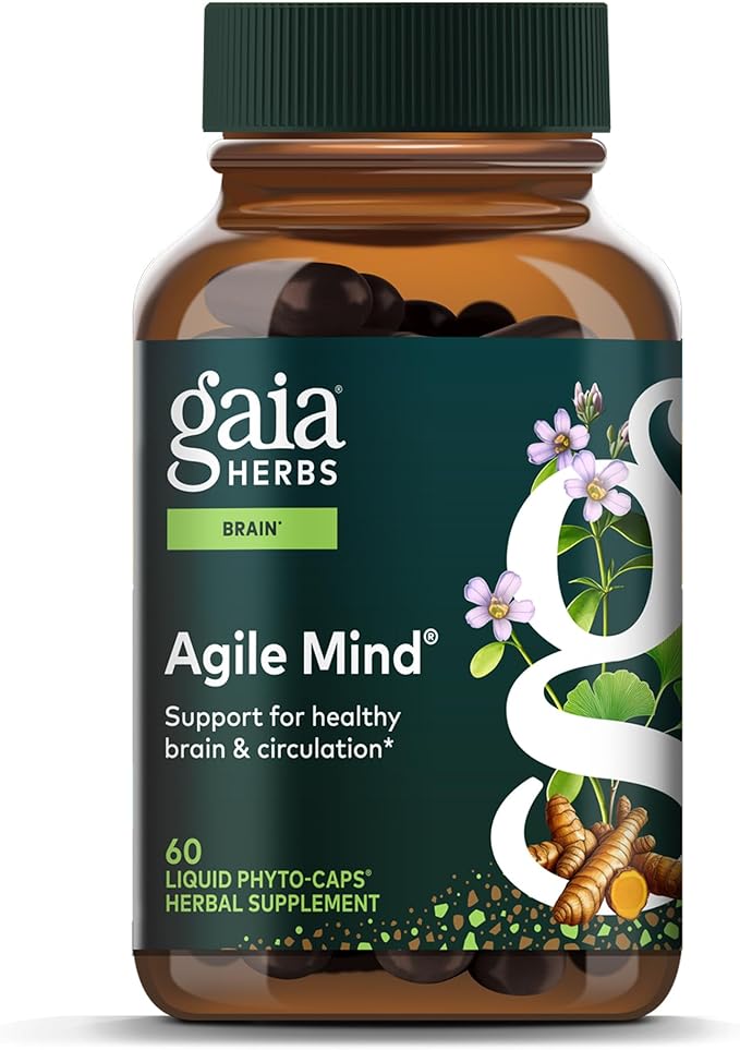 Gaia Herbs Agile Mind - Brain Support Herbal Supplements - Brain Circulation Support* - with Turmeric Root Bacopa Black Pepper &amp Ginkgo Biloba - 60 Vegan Liquid Phyto-Capsules (60 Servings)