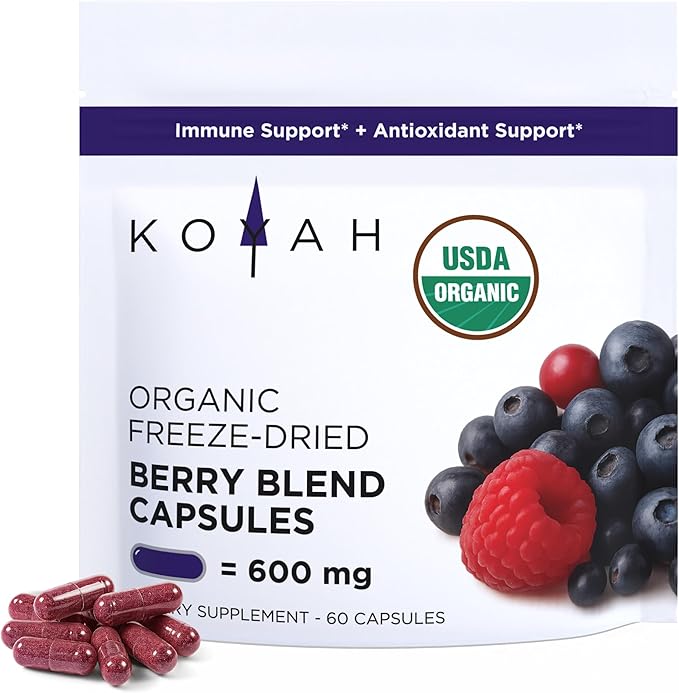 KOYAH - Organic Berry Blend Capsules – 600 mg - Freeze-Dried 100% Pure Antioxidants &amp Polyphenols - 60 Capsules