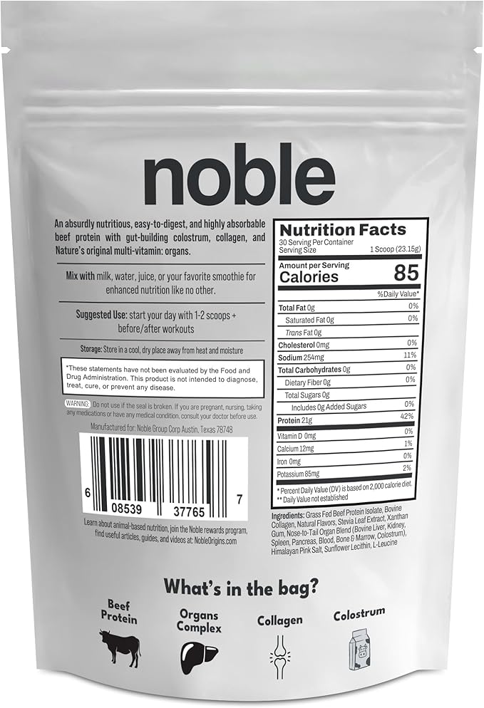 Noble Grass Fed Beef Protein Powder | Beef Protein w/Collagen Colostrum Organ Blend | Carnivore Keto Friendly | Whey Gluten Free | Muscle Gut Health Skin Joint Support | 30 Servings Vanilla